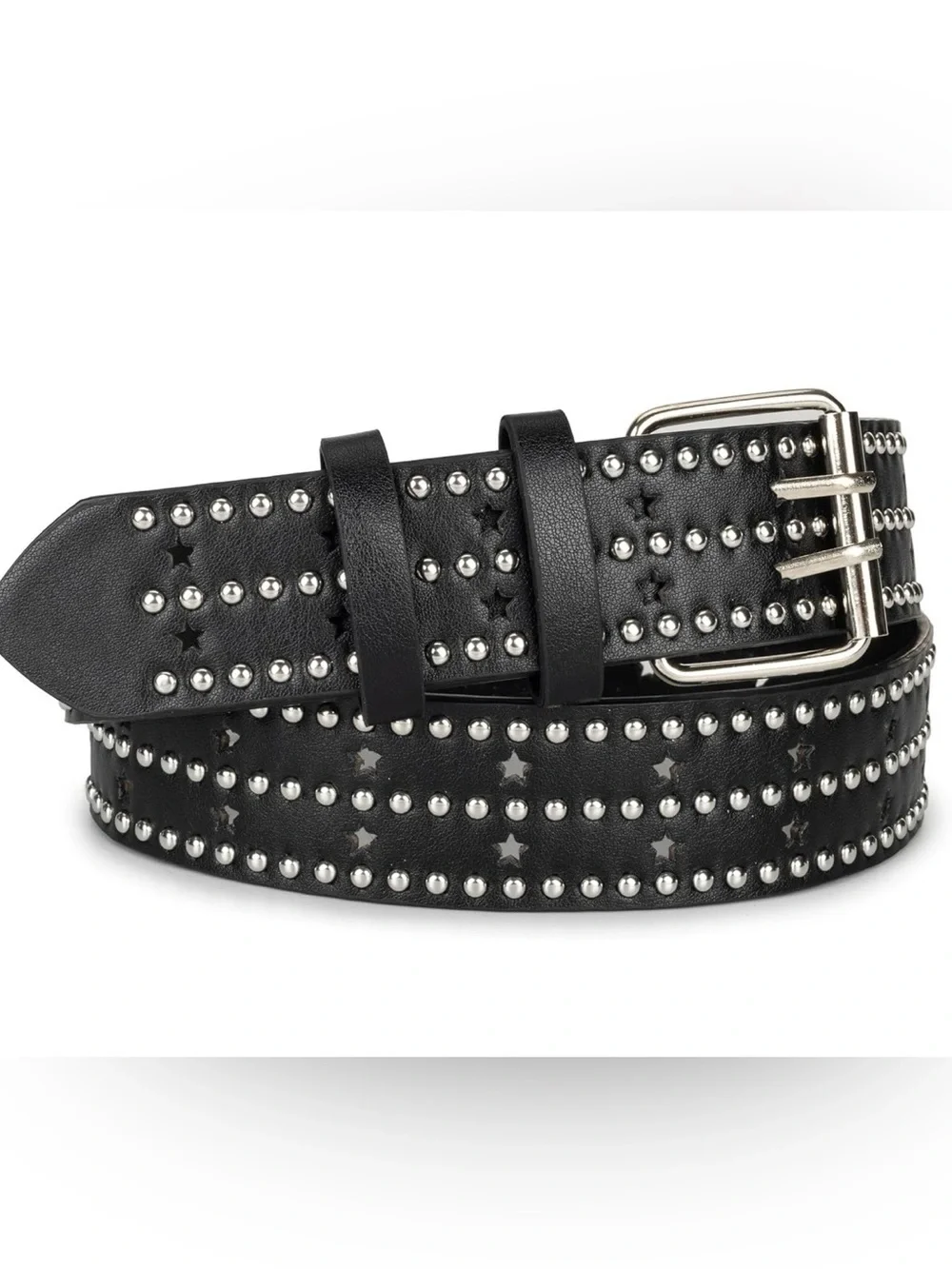 Black Studded Star Cutout Belt PU Leather Silver Rivets Punk Rock Y2K Unisex 45”